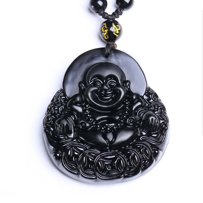 Buddha Stones Laughing Buddha Black Obsidian Strength Protection Pendant Necklace - image 6
