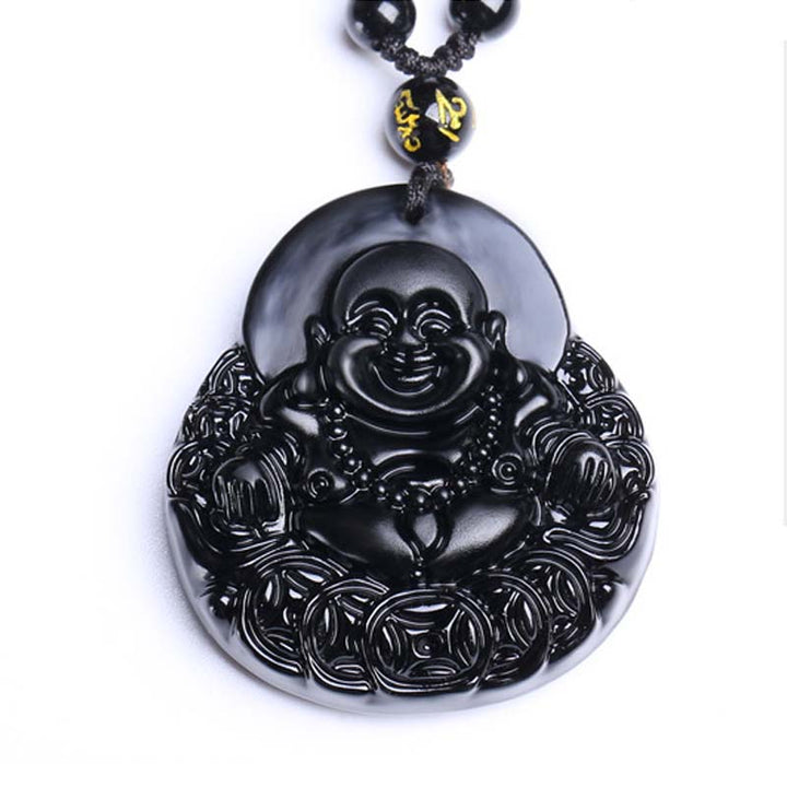 Buddha Stones Laughing Buddha Black Obsidian Strength Protection Pendant Necklace - image 6