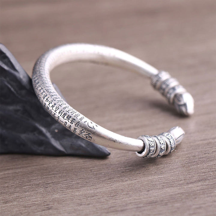 Buddha Stones 999 Sterling Silver Heart Sutra Om Mani Padme Hum Engraved Peace Purity Bracelet Bangle - image 4