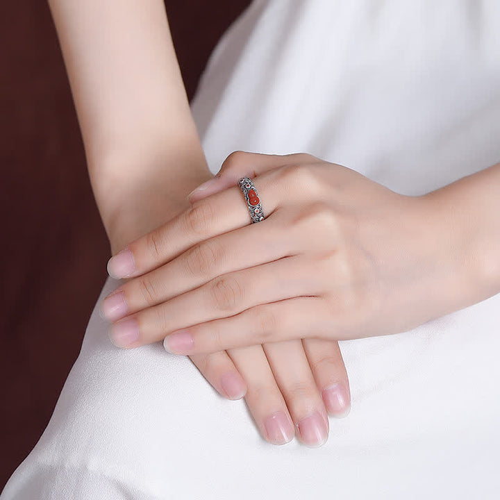 925 Sterling Silver Red Agate Cyan Jade Gourd Blessing Auspicious Ring - image 3