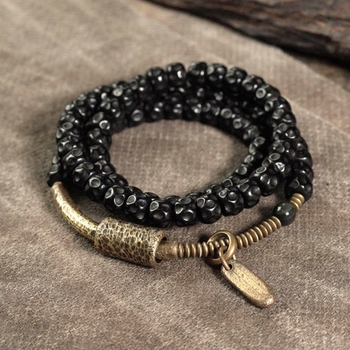 Buddha Stones Retro Coconut Shell Brass Copper Happiness Triple Wrap Bracelet - 17-17.5cm - image 0