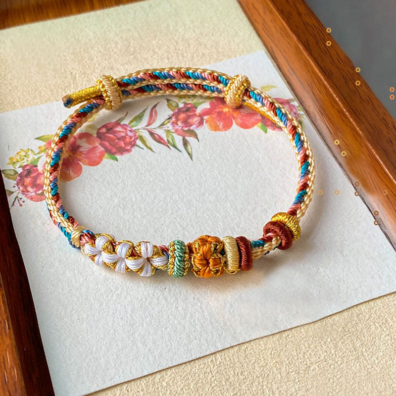 Buddha Stones Handmade Dunhuang Color Peach Blossom Pattern Braid String Bracelet