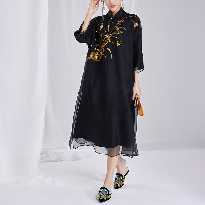 Buddha Stones 100% Mulberry Silk 6 Momme Dress Vintage Flower Butterfly Embroidery Qipao Dress Women's Cheongsam Dress