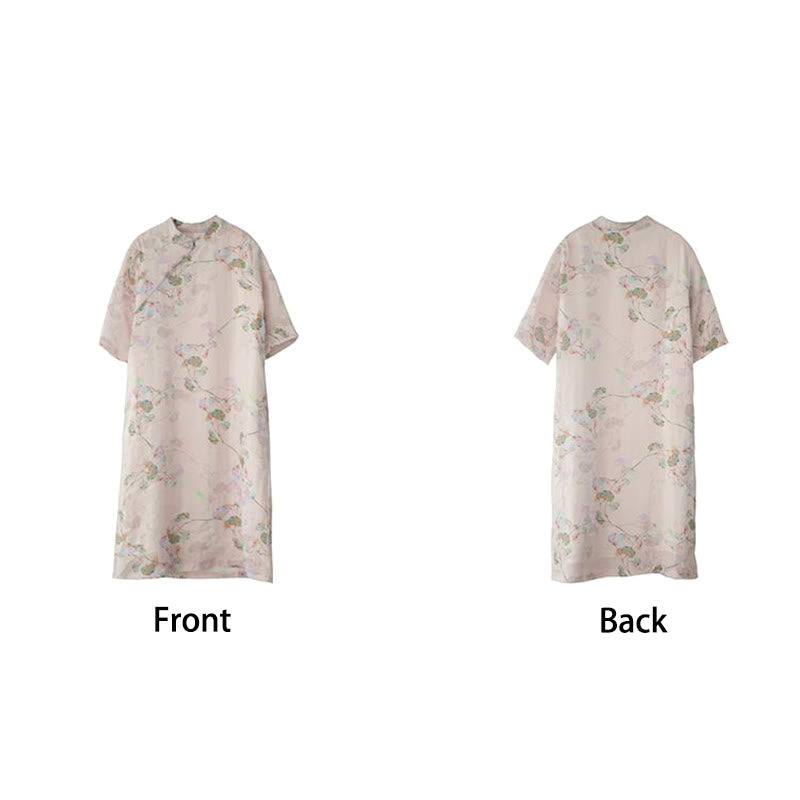 Buddha Stones Frog-button Leaves Branches Midi Dress Cotton Linen Short Sleeve Dress With Pockets