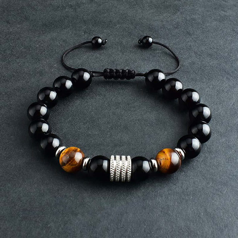 Buddha Stones Natural Black Obsidian Tiger Eye Strength Fulfillment Bracelet - Black Obsidian&Tiger Eye - Braided String - image 8