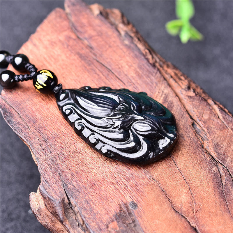 Natural Rainbow Obsidian Nine Tailed Fox Inner Peace Necklace Beaded String Pendant