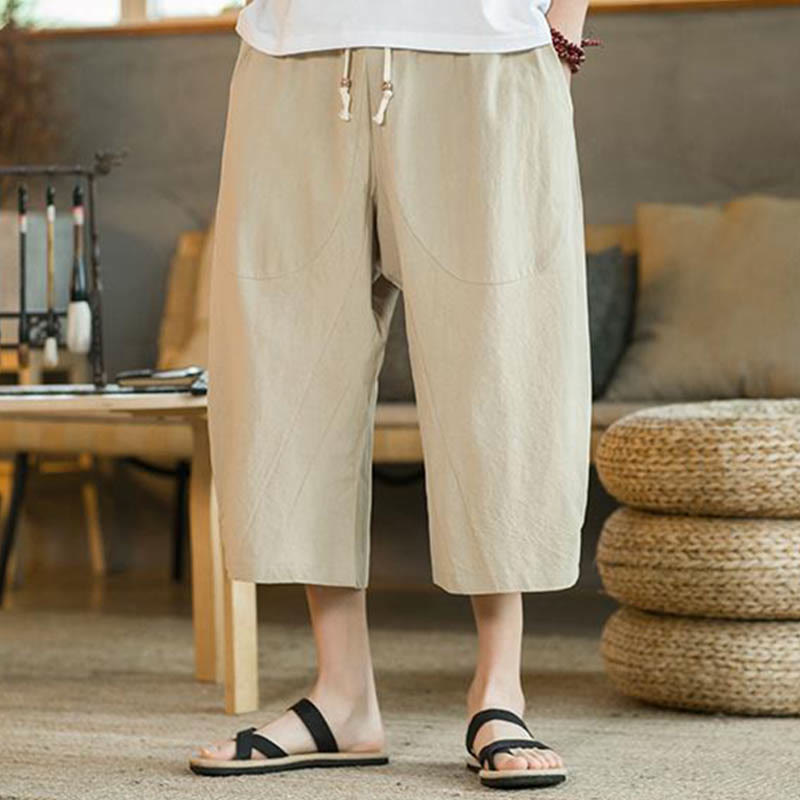 Buddha Stones Solid Color Mid-length Linen Men's Wide Leg Pants With Pockets