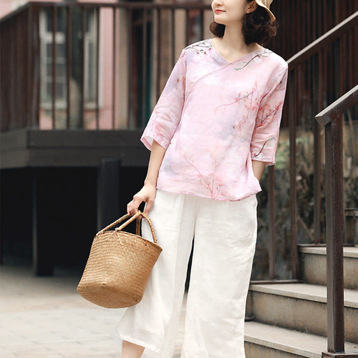 Buddha Stones V-Neck Pink Flower Pattern Ramie Linen Blouse Three Quarter Sleeve Shirt Top