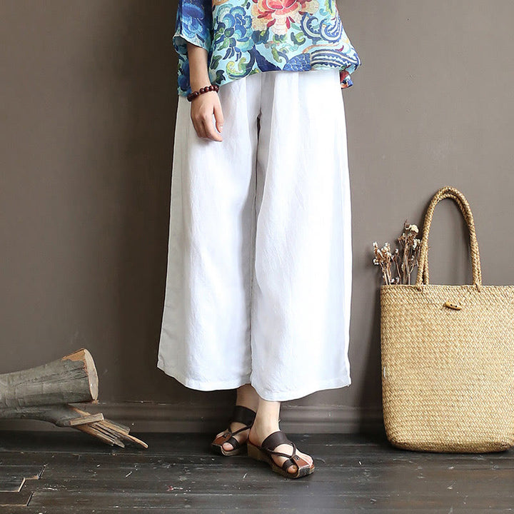 Buddha Stones Red Blue Peony Midi Dress Half Sleeve Cotton Linen Dress Wide Leg Pants With Pockets