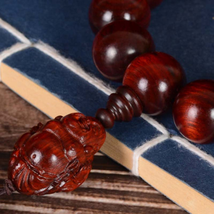 Buddha Stones Small Leaf Red Sandalwood Laughing Buddha God of Wealth Protection Bracelet