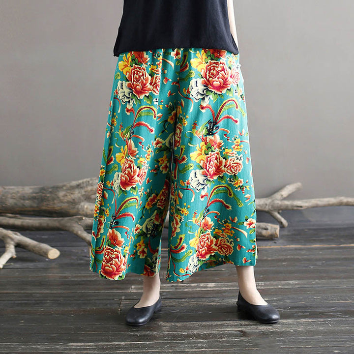 Buddha Stones Red Peony Flowers Cotton Linen Wide Leg Pants With Pockets