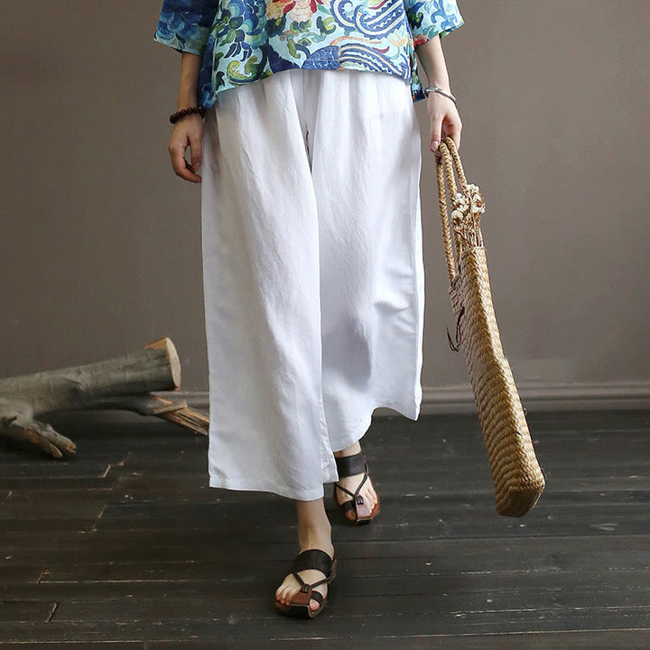 Buddha Stones Red Blue Peony Midi Dress Half Sleeve Cotton Linen Dress Wide Leg Pants With Pockets