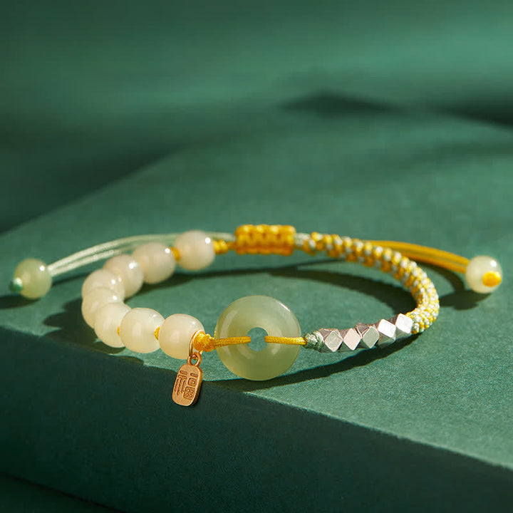 925 Sterling Silver Hetian Jade Peace Buckle Beaded Luck Happiness Charm Bracelet - Yellow - image 1