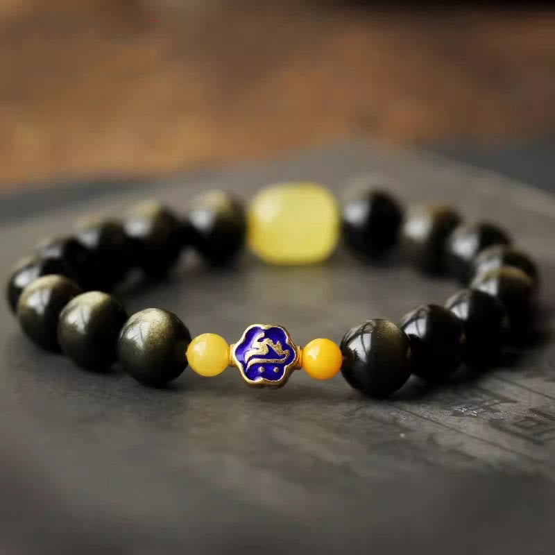Buddha Stones 925 Sterling Silver Chinese Zodiac Natal Buddha Natural Gold Sheen Obsidian Amber Wealth Protection Bracelet - image 1