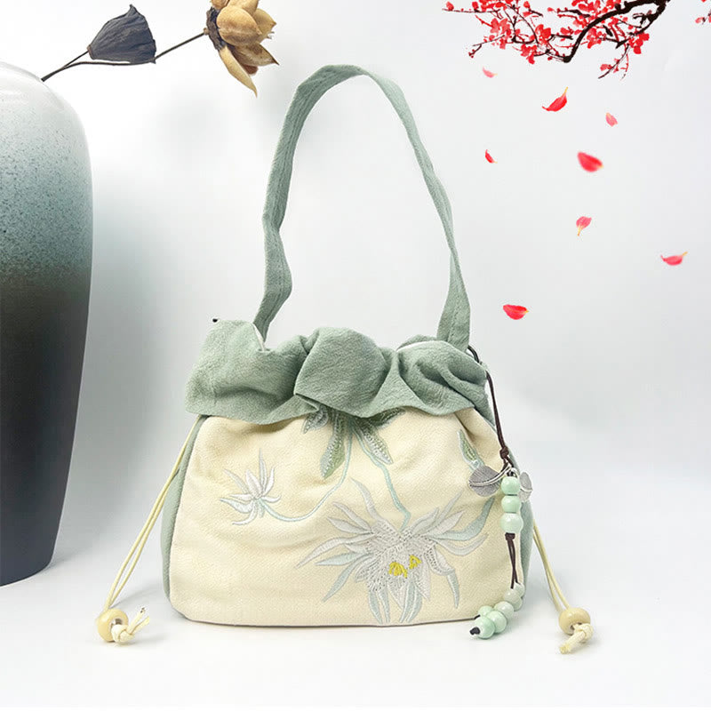 Buddha Stones Suzhou Embroidery Lotus Epiphyllum Magnolia Cotton Linen Tote Crossbody Bag Shoulder Bag Handbag