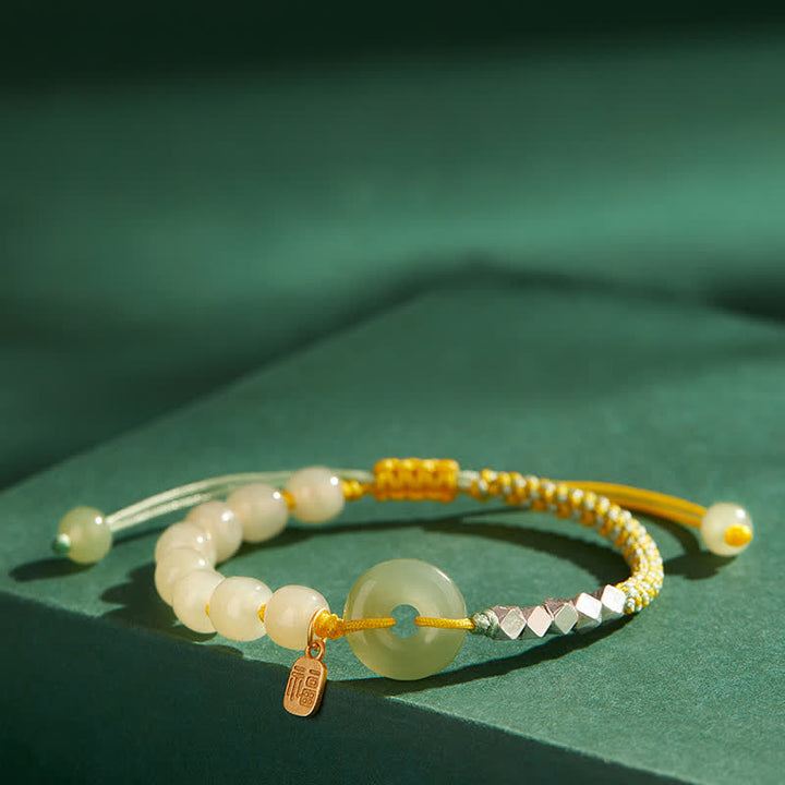 925 Sterling Silver Hetian Jade Peace Buckle Beaded Luck Happiness Charm Bracelet - image 7