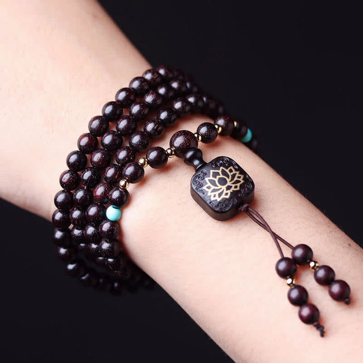 Buddha Stones 108 Mala Beads Tibetan Small Leaf Red Sandalwood Lotus Balance Bracelet - image 2