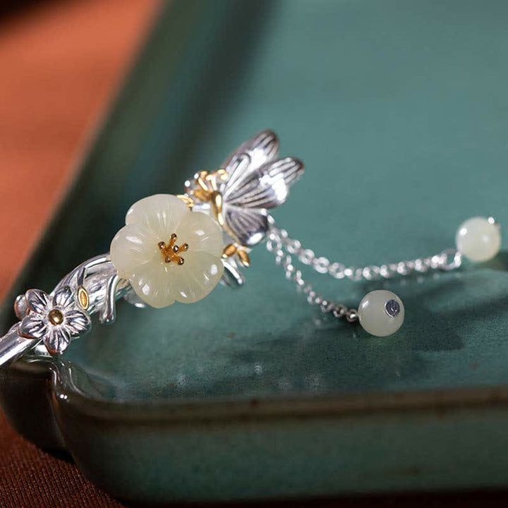 925 Sterling Silver Hetian White Jade Flower Blessing Hairpin - image 10