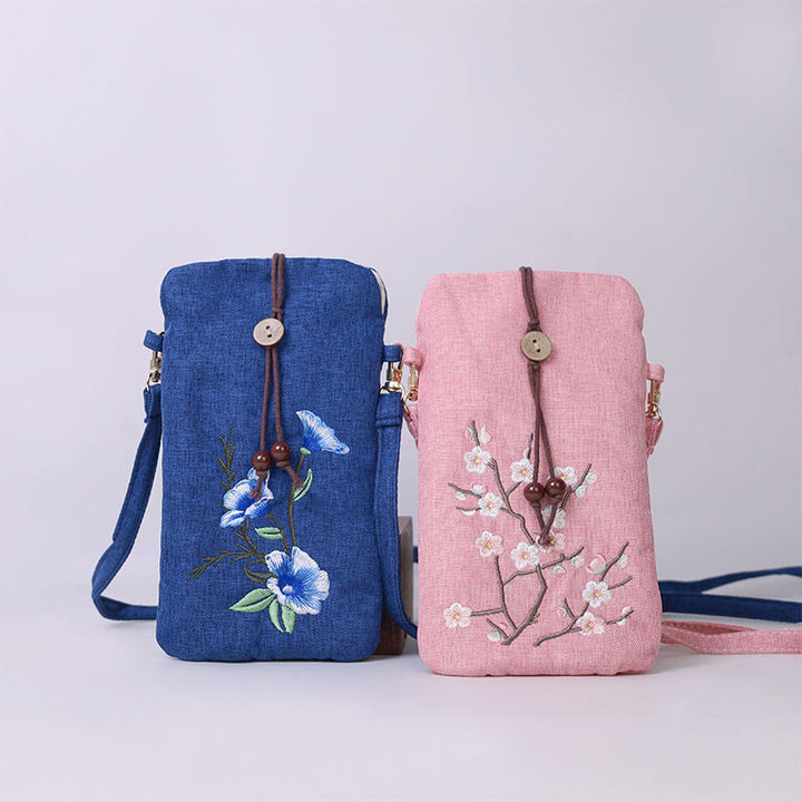 Buddha Stones Small Embroidered Flowers Crossbody Bag Shoulder Bag Cellphone Bag 11*20cm