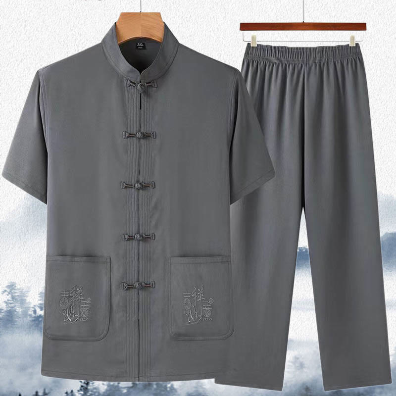 Buddha Stones Good Luck Character Tang Suit Hanfu Traditional Uniform Short Sleeve Top Pants Clothing Men's Set