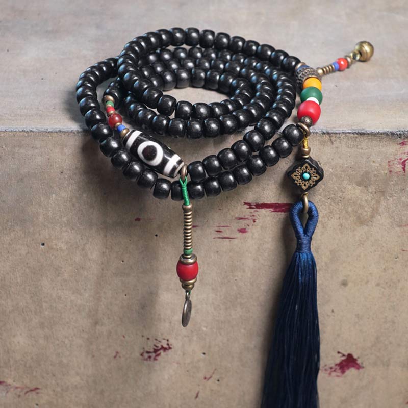 Buddha Stones 108 Beads Mala Ebony Wood Dzi Bead Copper Balance Tassel Bracelet - image 7