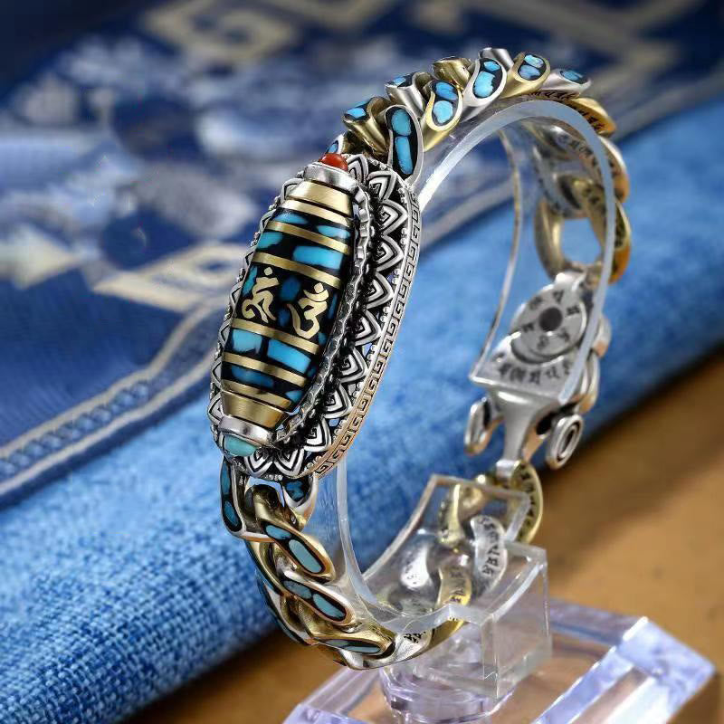 Buddha Stones Tibetan Nine-Eye Dzi Bead Om Mani Padme Hum Turquoise Protection Rotatable Bracelet - Om Mani Padme Hum(Love♥Focus) - 22cm fit for Wrist Circumference 20cm - image 3