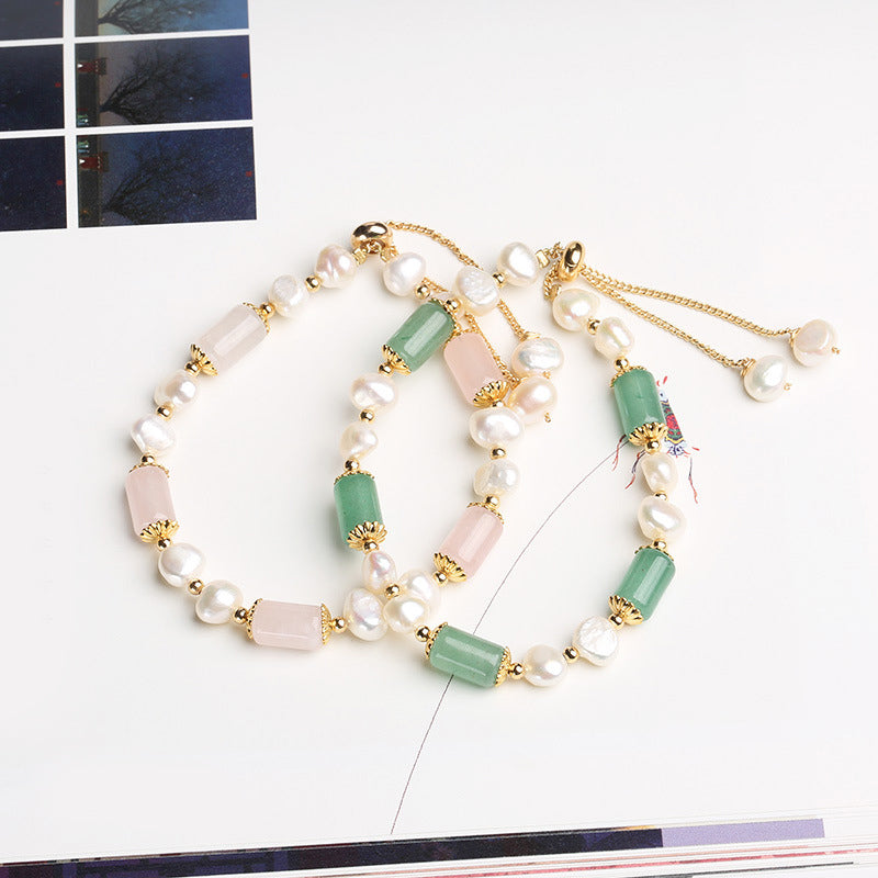 Buddha Stones Green Aventurine Pearl Pink Crystal Bead Luck Bracelet - image 1