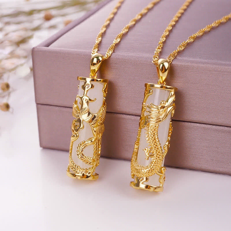 Buddha Stones Jade Dragon Phoenix Copper Blessing Harmony Necklace Pendant - image 2