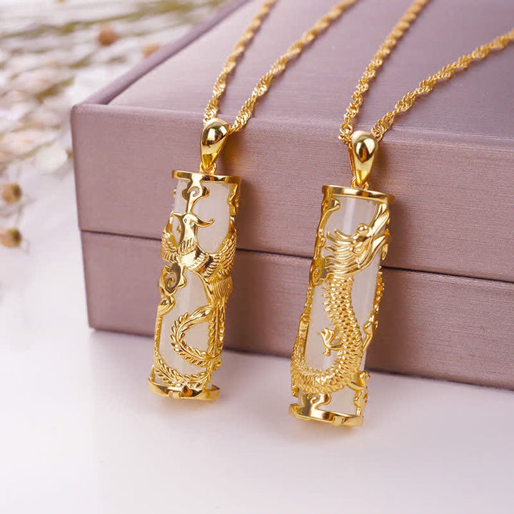 Buddha Stones Jade Dragon Phoenix Copper Blessing Harmony Necklace Pendant - image 2