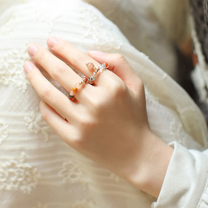 Buddha Stones 14k Gold Plated Copper Fu Lu Shou Crystal Peach Moonstone Happiness Wealth Ring