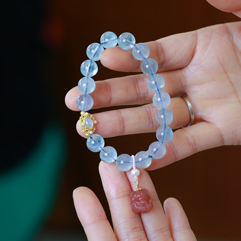 Natural Aquamarine Red Agate Pearl Beads Healing Charm Bracelet - image 1