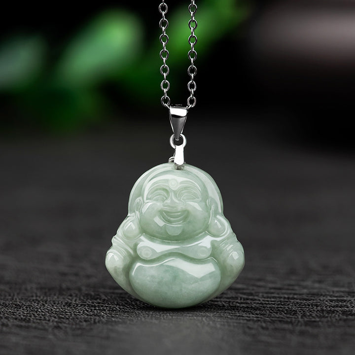 Buddha Stones Laughing Buddha Jade Blessing Titanium Steel Chain Necklace Pendant - Natural Jade(Color May Vary) - image 0
