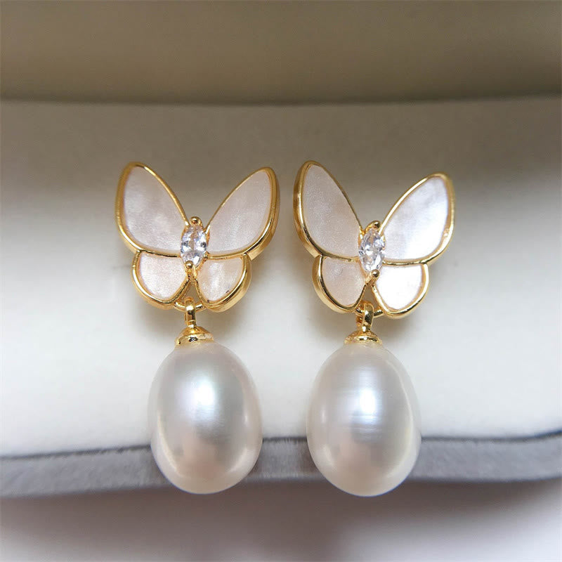 Buddha Stones 925 Sterling Silver Posts 18K Gold Plated Copper Pearl Butterfly Optimism Stud Earrings