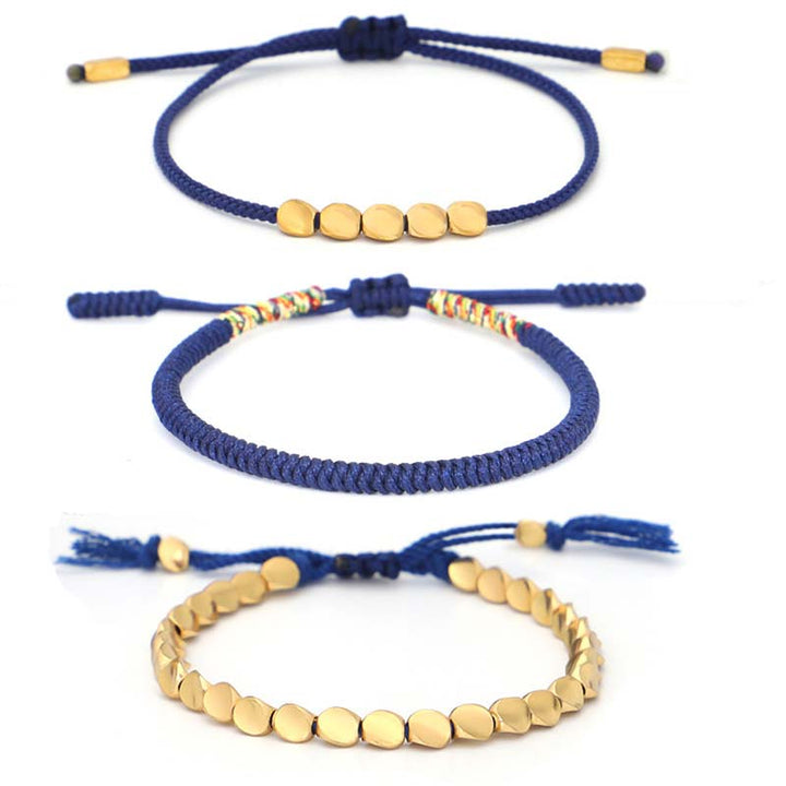 Buddha Stones 3 PCS Tibetan Copper Beads Healing Protection Luck Bracelet Set