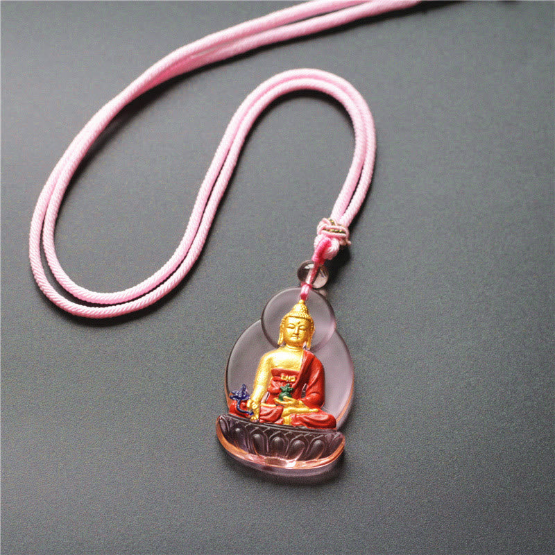 Buddha Stones Tibet Medicine Buddha Liuli Crystal Compassion Necklace Pendant - Pink Medicine Buddha - image 3