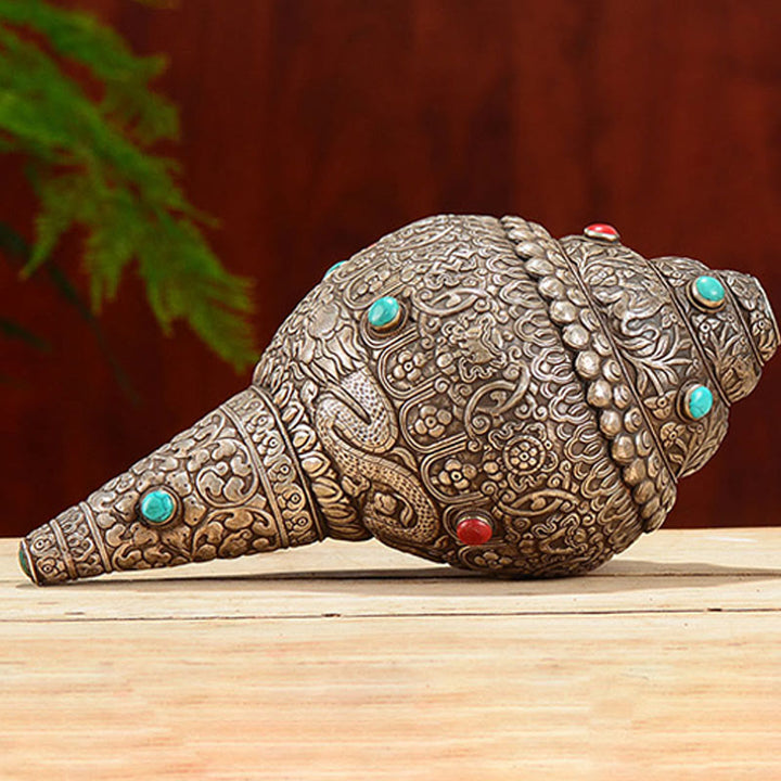 Tibetan Handmade Natural Shankha Engraved Eight Auspicious Symbols Conch Shell Lucky Home Decoration