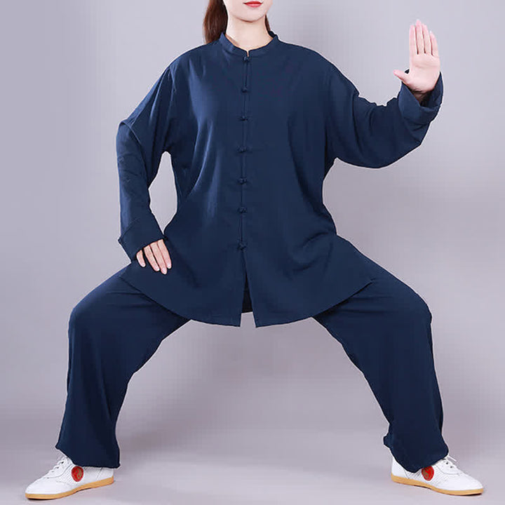 Tai Chi Qigong Meditation Prayer Spiritual Zen Practice Unisex Cotton Linen Clothing Set - Navy Blue - Long Sleeve - US14，UK/AU18，EU46 (3XL)  - image 22