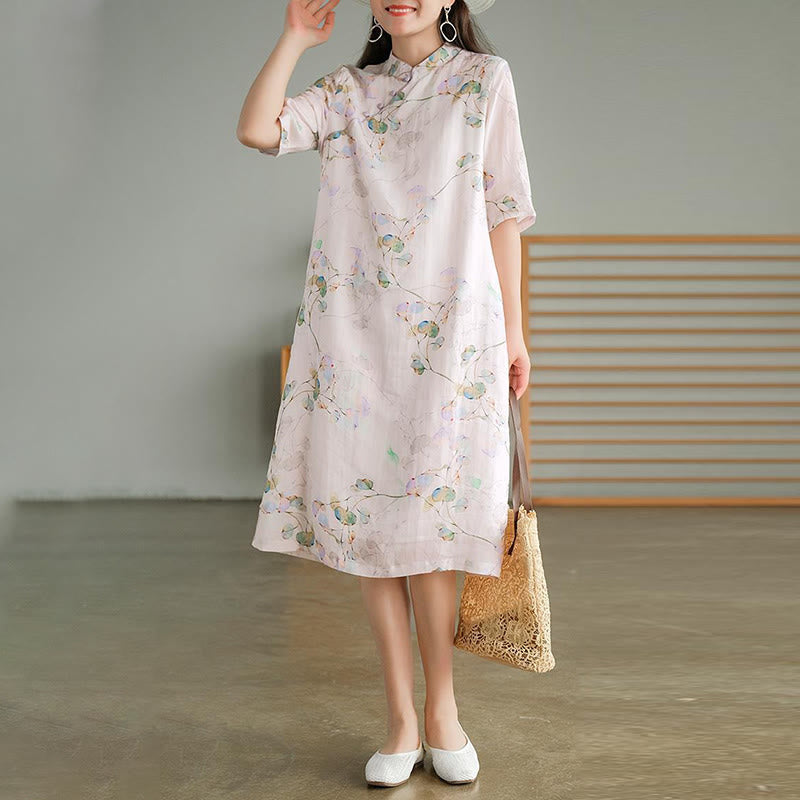 Buddha Stones Frog-button Leaves Branches Midi Dress Cotton Linen Short Sleeve Dress With Pockets