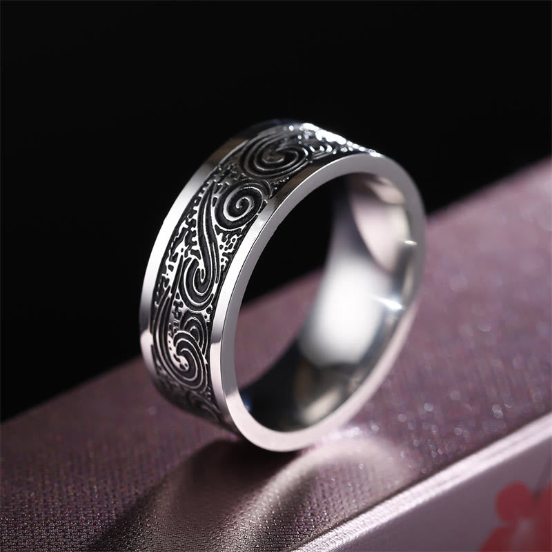 Vintage Wave Auspicious Clouds Engraved Pattern Titanium Steel Balance Ring - image 2