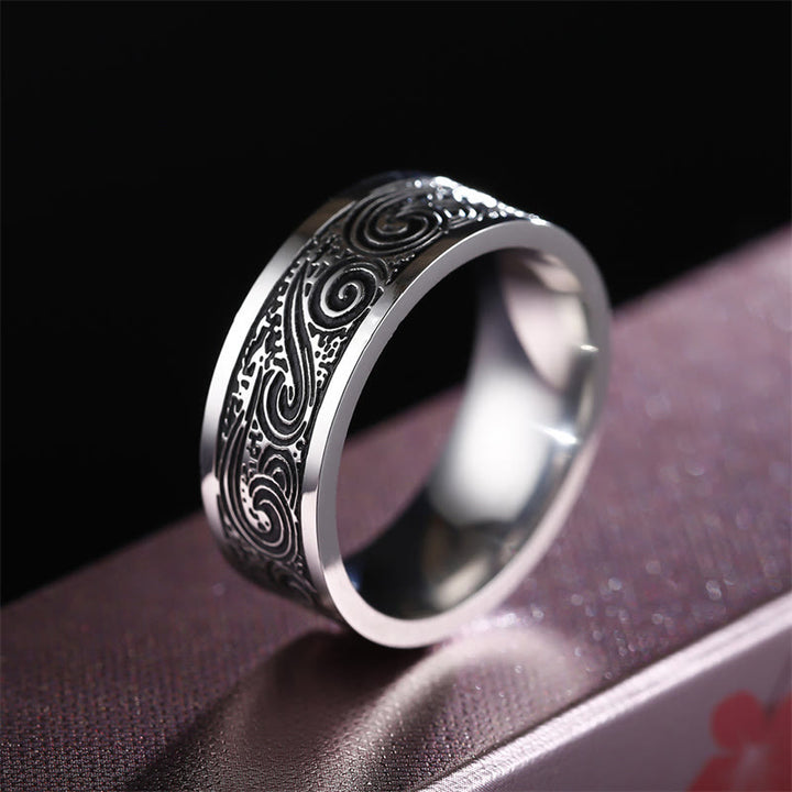 Vintage Wave Auspicious Clouds Engraved Pattern Titanium Steel Balance Ring - image 2
