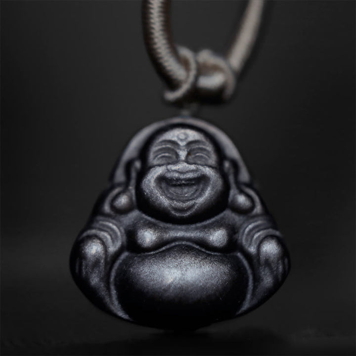 Buddha Stones Natural Silver Sheen Obsidian Laughing Buddha Protection Necklace Pendant - image 5