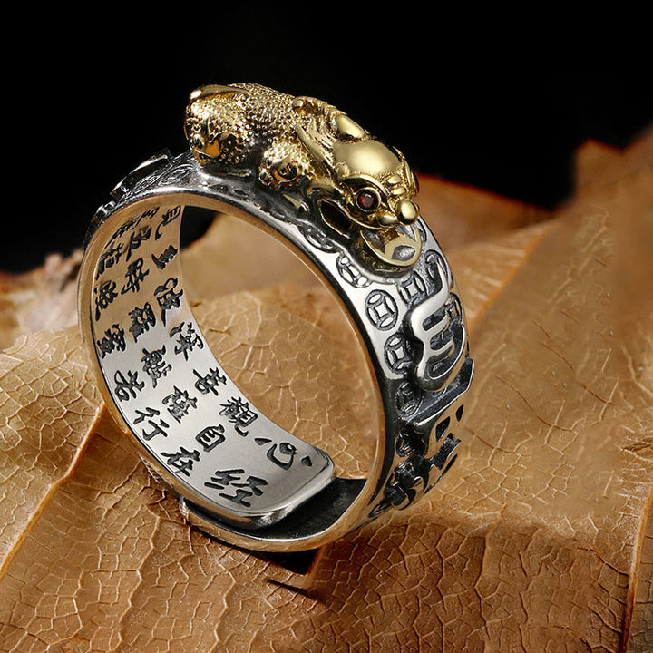 Buddha Stones Tibetan 990 Sterling Silver Om Mani Padme Hum PiXiu Dorje Vajra Heart Sutra Engraved Wealth Ring - Gold - PiXiu - image 0