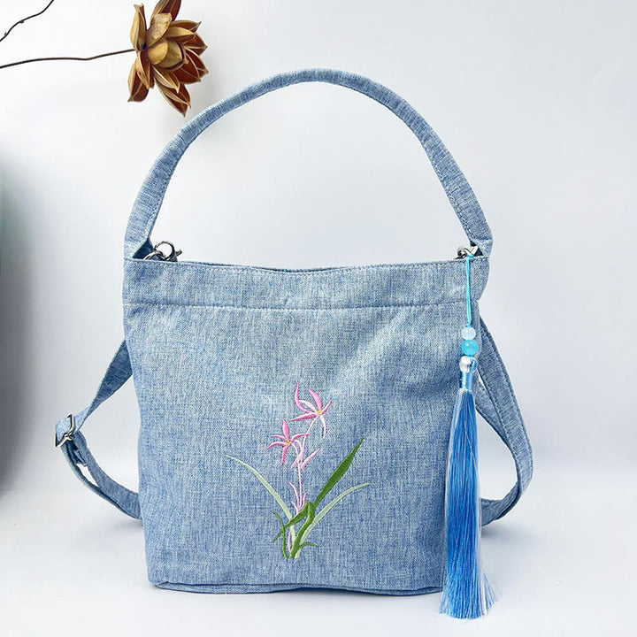 Buddha Stones Embroidery Wisteria Plum Lotus Cherry Blossom Cotton Linen Canvas Tote Crossbody Bag Shoulder Bag Handbag