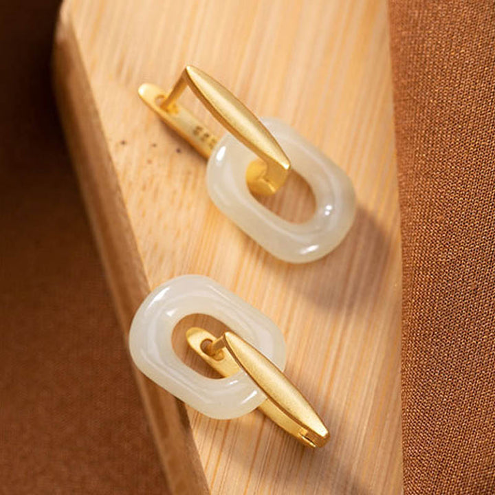 925 Sterling Silver Round White Jade Happiness Blessing Earrings - image 8