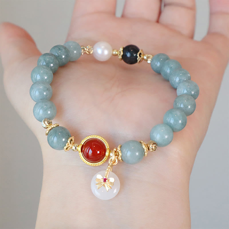 Buddha Stones Natural Jade Red Agate Pearl Bow Tie Luck Bracelet