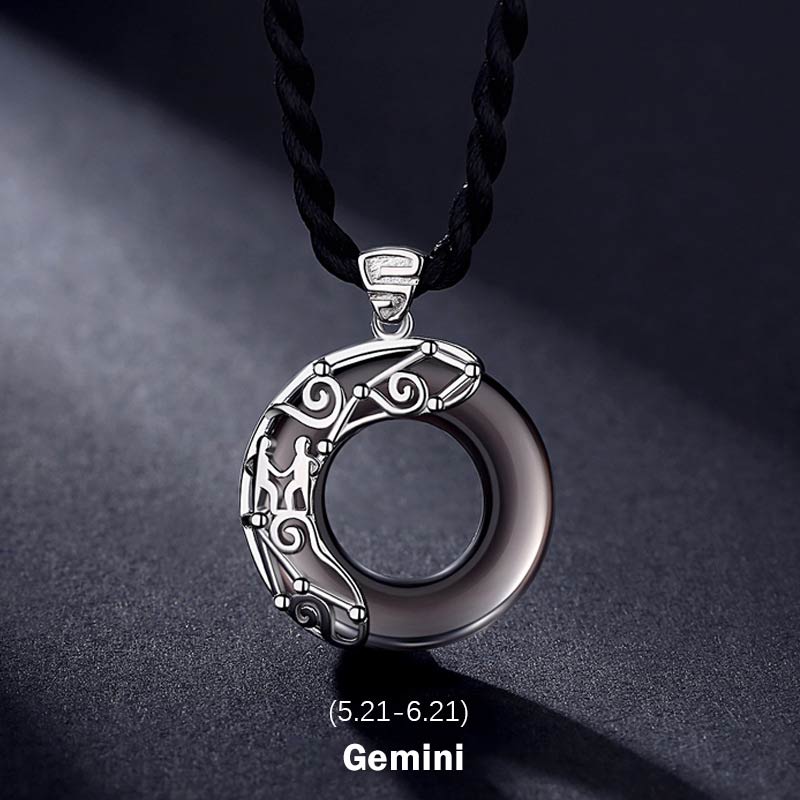 Buddha Stones 12 Constellations of the Zodiac Ice Obsidian Blessing Round Pendant Necklace - Gemini - Rope - image 4