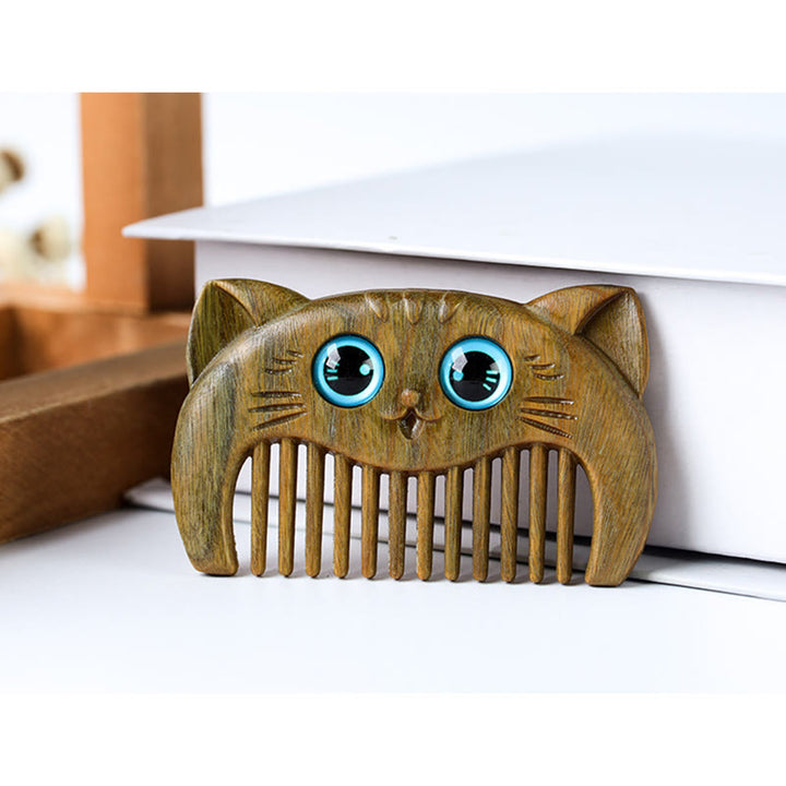 Simple Cat Pattern Green Sandalwood Cure Portable Comb - image 6