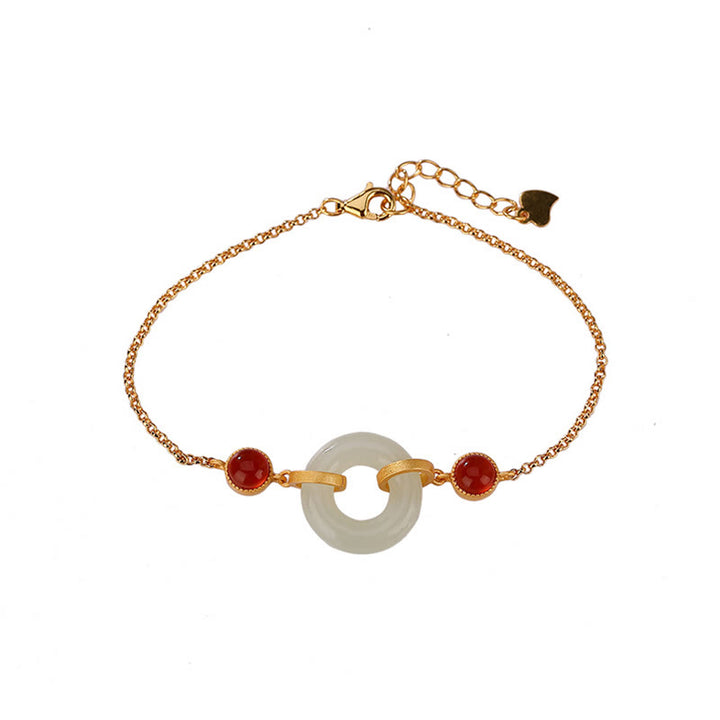 Buddha Stones 925 Sterling Silver Plated Gold Natural Hetian Jade Peace Buckle Red Agate Luck Bracelet - image 6