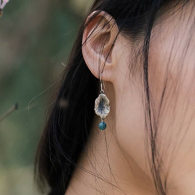 925 Sterling Silver Turquoise Lotus Leaf Protection Drop Dangle Earrings - image 3