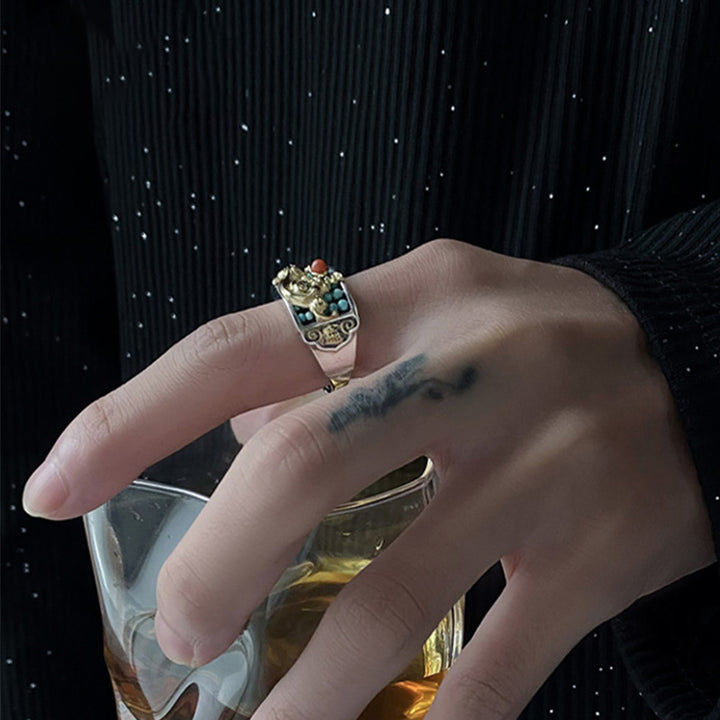 925 Sterling Silver Turquoise Red Agate PiXiu Abacus Protection Ring - image 3